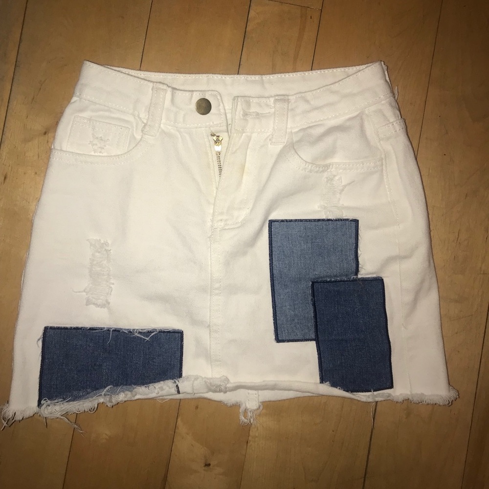 White Jean Skirt w Patches